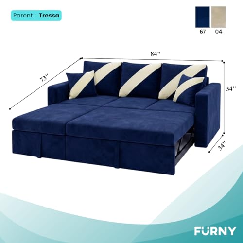 Image of FURNY Trivia 4 Seater LHS Lounger Sofa Cum Bed (Dark Blue) with Pull-Out Function | Luxury Velvet Suede Finish | Durable Comfort | Ideal for Living Room