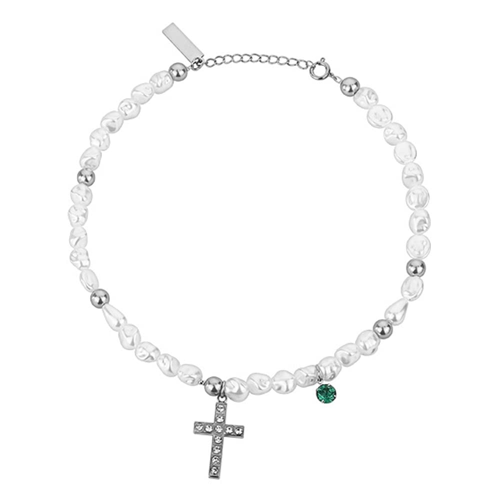 GulCeanCross Pearl Choker Necklace for Men Women Unisex Silver Green Cubic Zircon Stainless Steel Fashion Edgy Hip Hop Aesthetic Trendy Charm Choker Necklace Gift Jewelry