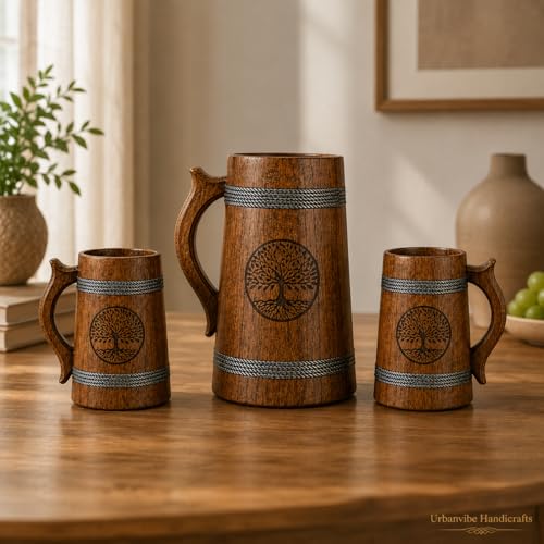 Image of Tree Imprinted Wooden Beer Bar Combo Set|Beer Mug | Barrel Shaped Jumbo Mug|Brown|(2 Small Beer Mug 350ML Size: 5 x 4 inches Each & 1 Beer Jug Large 750ML Size: 7 x 4.5 inches)