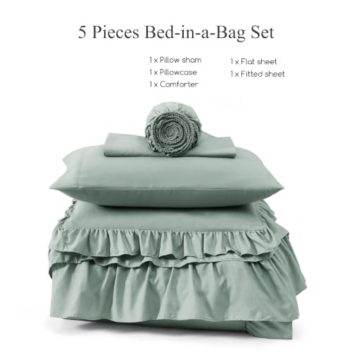 Image of Twin XL Comforter Set Sage Green Ruffle 5 Pieces Bed in a Bag for Dorm | Farmhouse Shabby Chic Fluffy Bedding Sets with Sheets, Pillowcase & Sham