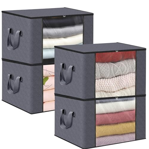 Rubessia Aufbewahrungstasche 4 Stück 90L,Aufbewahrungsbox mit Deckel, Kleiderschrank Organizer Faltbare,für Kleidung Bettdecken Kissen Aufbewahrung Boxen,Unterbett Kleiderschrank