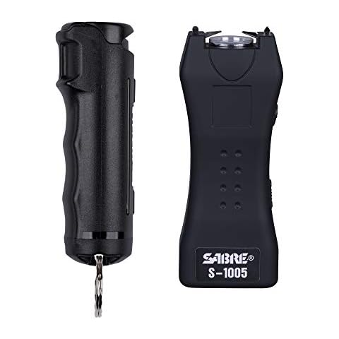 SABRE Pepper Spray & 2-in-1 Stun Gun with Flashlight, Self Defense Kit, Fast Flip Top Safety, Finger Grip for Better & Faster Aim, Painful 1.60 µC Charge, 120 Lumen LED Light, Rechargeable, 0.54 fl oz Cover