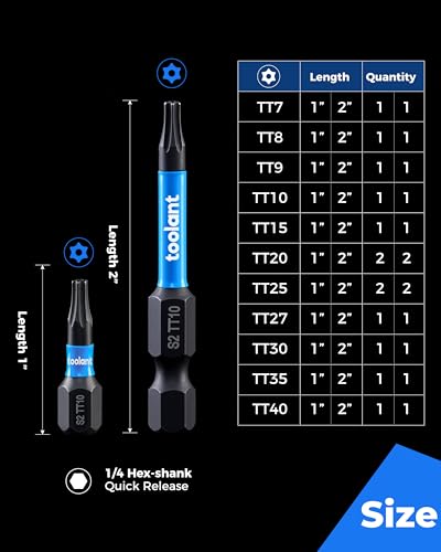 toolant Impact Torx Bit Set 26+1pcs (T7-T40), 1/4 Hex-Shank S2 Steel Security Torx Bit Set, Tamper Proof Star Bit Set with CNC Machined Tips, 1”&2” Long with Magnetic Impact Bit Holder and Storage Box