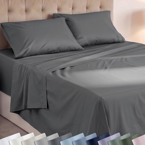 Image of Super Soft 100% Cotton Extra Long Twin Sheets, 3 Pc Set, Grey | Lightweight & Breathable For Hot Sleepers, All-Around Elastic, Durable, Easy Care, OekoTex Certified