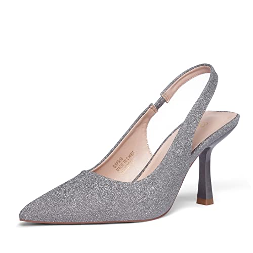GENSHUO Women's Slingback Kitten Heel Pointed Closed Toe Stiletto Pumps Slip on Elastic Strap Wedding Party Dress Sandals Shoes