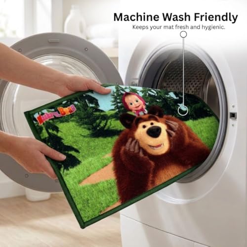 Image of Athom Living Cartoon Printed Themed Multi Colored Kids Premium Nylon Bathmat, with Latex Backing, Anti-Slip Bathmat, 37 x 57 cm, Pack of 1 (Masha and The Bear)