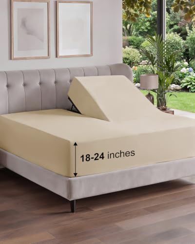 Image of Extra Deep Flex Top Split Head King Fitted Sheet - Hotel Luxury Single Fitted Sheet Only - Easily Fits 18 inch to 24 inch Mattress - Ultra Soft, Wrinkle Free w /Extra Deep Pockets - Cream