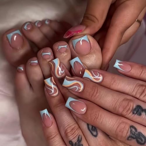 Image of 48 Pcs Press on Nails & Press on Toenails Set Short Square Nail Press ons French Tip Fake Nails Curve Line Glue on Toes Glossy Artificial Acrylic Full Cover Stick on Toe Nail for Women Manicure