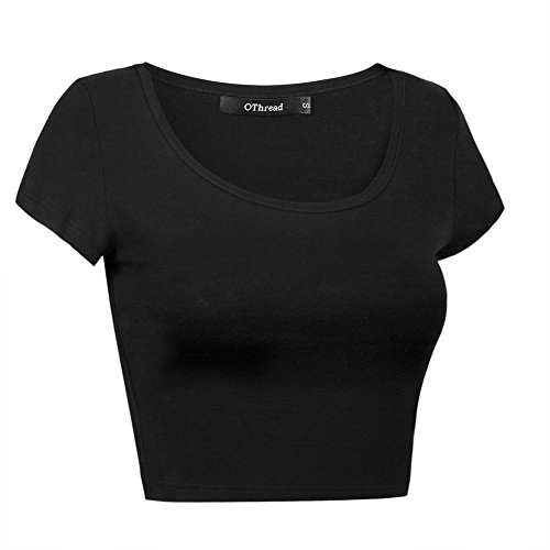 Othread & Co. Women's Basic Crop Tops Stretchy Casual Scoop Neck Cap Sleeve Shirt (Large, Black) #TOP2
