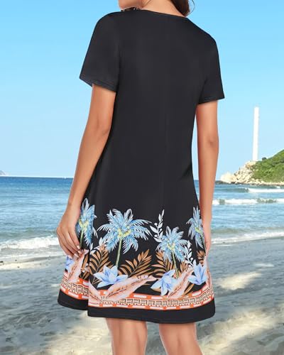 Image of Womens Summer Dresses Beach Casual Loose Tshirt Floral Short Sleeve Flowy Pockets Sundresses 2026