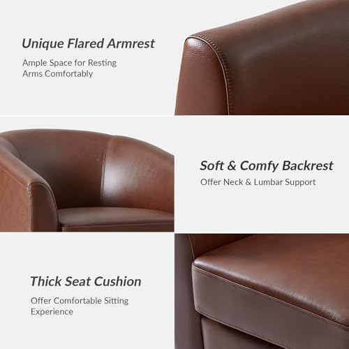 Image of HULALA HOME Genuine Leather Swivel Accent Chairs Set of 2 with Solid Wood Base, Round Swivel Barrel Chairs for Living Room and Bedroom, Brown