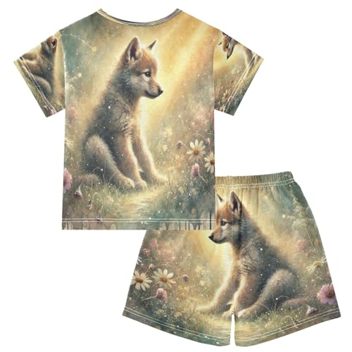 Sunlit Wolf Cub Golden Pajama Set Short Sleeve Nightwear Soft Clothes Set Summer Pajamas Cotton 5Y2