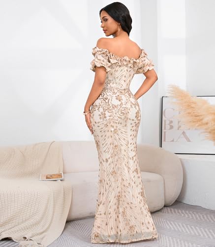 Image of dasmzper Women Sexy Sequin Off Shoulder Ruffle Short Sleeve Bodycon Mermaid Party Formal Evening Maxi Dress