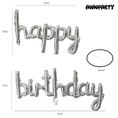 Image of Silver Happy Birthday Balloons Banner 16 Inch Mylar Foil | Happy Birthday Letters Sign for Women Men Adults Birthday Party Decorations