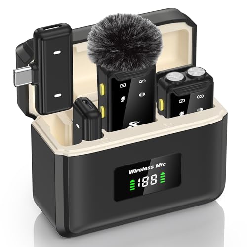 PQRQP Wireless Microphone for iPhone, iPad, Android(Lightning/USB C), Dual Microphones 20 H Battery Life, Mini Microphone, Cordless Double Mics for Video Recording, YouTube, TikTok, 164FT