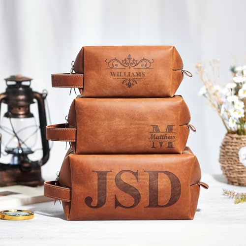 Personalized Men\'s Leather Toiletry Bag, Customized Name Portable Dopp Kit, Unique Custom PU Leather Storage Bag, Personalized Gifts for Fathers Day Wedding Gift for Groomsmen Dad Best Man Husband - Thumbnail 6