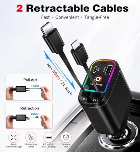 Image of 120W Retractable Fast Car Charger with DRL and Starlight (2026 Version) | 4-in-1 Dual Retractable Cables with USB & Type-C Ports | Adjustable 180 Direction