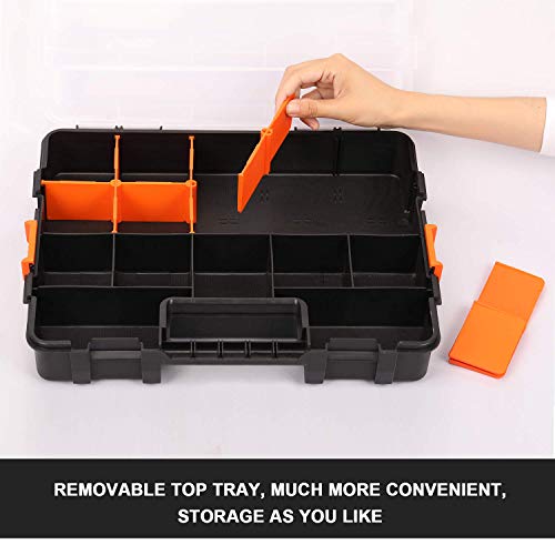 Makitoyo Tool Box Organizers, Interlocking Black Small Parts Organizer For Fasteners, Parts And Crafts W/Removable Dividers, 2 Pieces Pack, Black & Orange,15”L×11.6”W×2.6”H #TOP4