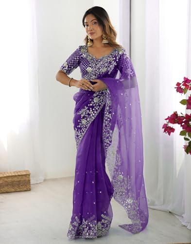 Image of SIRIL Women's Organza Sequence Embroidery Saree With Unstitched Blouse Piece