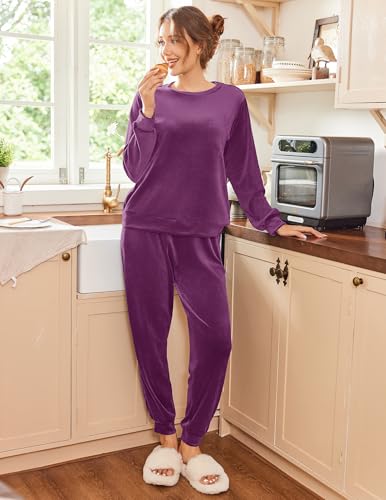 Ekouaer Womens Pajamas Sets Long Sleeve Soft Sleepwear 2 Piece Velvet Pjs Lounge Sets with Pockets
