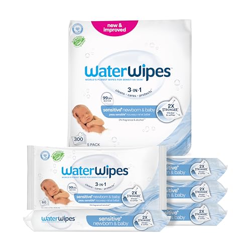 Image of WaterWipes Sensitive+ Newborn & Baby Wipes, 3-In-1 Cleans, Cares, Protects, 99.9% Water, Unscented & Hypoallergenic, 300 Count (5 Packs)