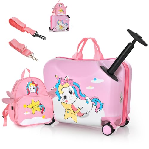RELAX4LIFE Juego de Maletas Infantil con Mochila, 4 Ruedas Universales y 2 Frenos, Maleta Infantil con Poste Aluminio Retráctil, Cuerda Anti Perdida y Correa Ajustable para Niños 3+ Años