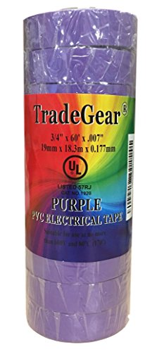 Image of TradeGear Purple 10 Pack - UL Listed Colored Electrical Tape, 60 ft x 3 /4 in, 600V, Flame Retardant, Waterproof, Rubber Adhesive - Phase Marking, Wire ID, Automotive