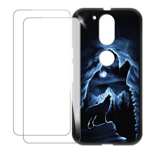 UOGNADGD Compatible with Moto G4 Plus Case Colorful Custom Cover with 2 Pack Tempered Glass Screen Protectors - Shockproof Scratch-Resistant (Wolf 2)
