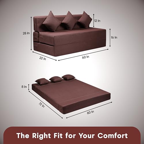 Image of Amazon Brand - Solimo 3 Seater 5 * 6 Jute Fabric Washable Cover Sofa Cum Bed with 3 Cushions 3 Seater Double Foam Fold Out Sofa Cum Bed (Finish Color - Brown Delivery Condition - Pre-Assembled)