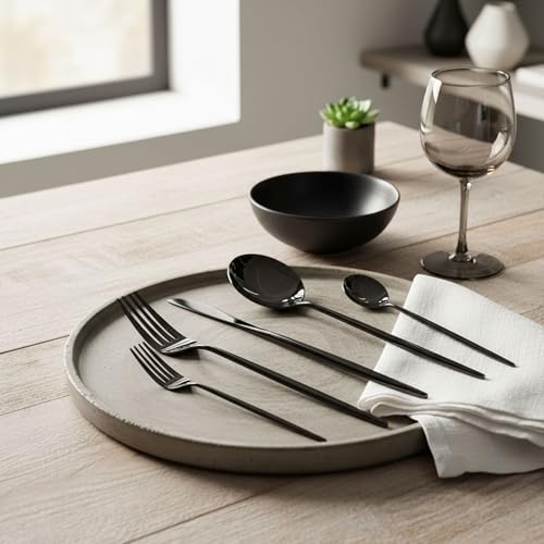 Image of Slim Handle Black 25 Pcs Stainless Steel Cutlery Set for Dining Table, Dishwasher Safe Glossy Flatware (5 Spoon Set+5 Forks Set+5 Butter Knife+5 Dessert Spoon+5 Fruit Fork)