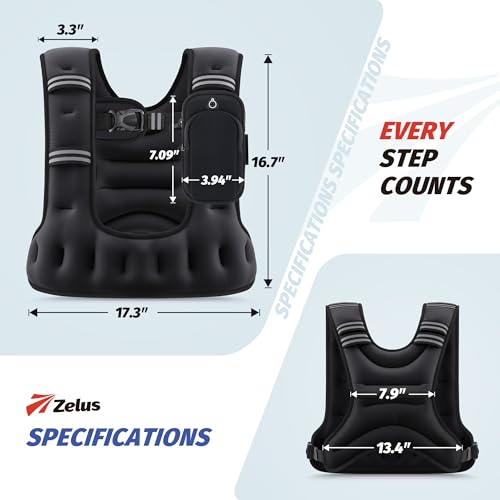 ZELUS Weighted Vest for Women Men, 6/8/12/16/20lb Weight Vest with Arm Pouch Reflective Strips, U-Shaped Rucking Vest for Strength Training Muscle Building, Walking Running Vest for Fitness, Black