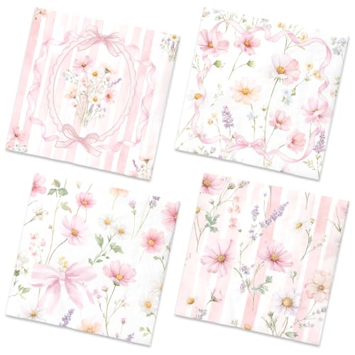 40Pcs Pink Floral Napkins - Spring Bow Flower Themed Party Decorations Decoupage Napkins for Tea Party, Birthday, Baby Shower, Bridal Shower