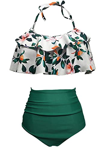AOQUSSQOA Damen Badeanzug Rüschen Hals Hängen Bikini Sets Zweiteilige Bademode mit Hoher Taille Strandkleidung (GreenFlower, M) Cover