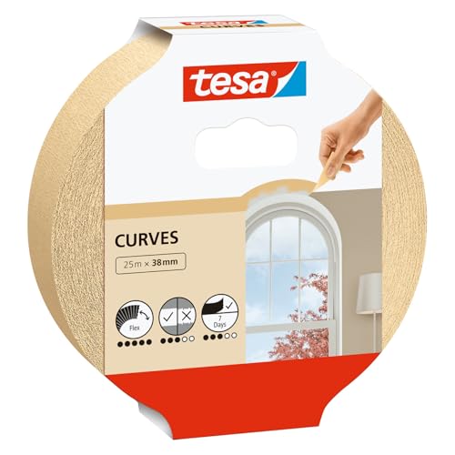 tesa Cinta de Pintor CURVAS - Cinta de Carrocero con Base Crepé Extra Fuerte para Enmascarar Curvas y Formas Irregulares - Superficies Rugosas y Lisas - 25 m x 38 mm