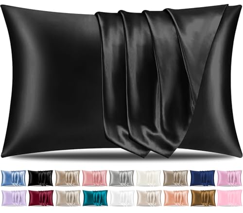 Image of Pamposh Satin Silk Pillowcases For Hair And Skin 2 Pack Standard Size with Envelope Closure (Midnight Black, 2 Pcs Pillowcases (50 x 75 cm))