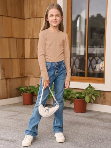 Image of Haloumoning Girls Long Sleeve Shirts Crewneck Ruched Side Slim Fit Tops Ribbed Knit Casual Tee Shirt 4-15 Years