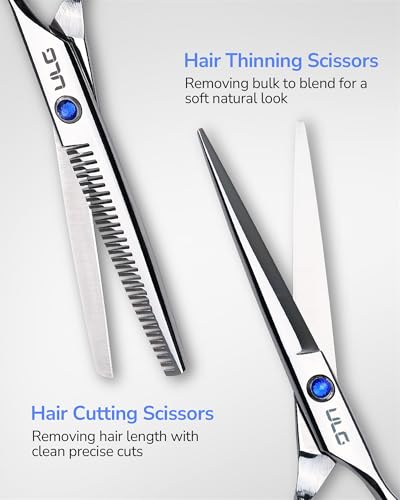 Image of ULG Hair Cutting Scissors Thinning Shears Kit Professional Hairdressing Texturizing Salon Razor Edge Scissor Barber Kit Plus 6.5 inch Silver