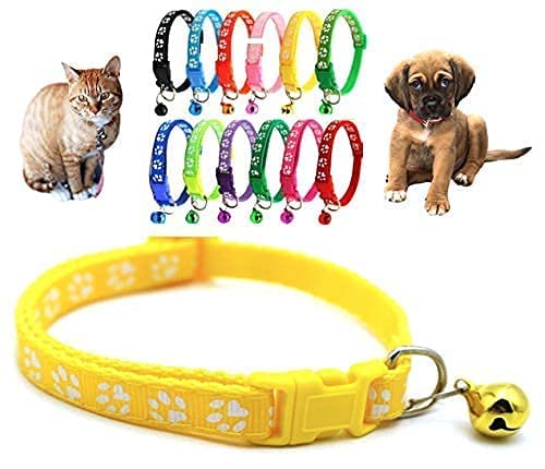 Image of Woofy Polyester Cat Collars - Paw Print Design, with Bell, Adjustable Strap and Safety Release Buckle, Modern Paw Print Design for Your Cute Cats (Pack of 2 Pcs) Random Color, 30 x 1 cm, multicolor
