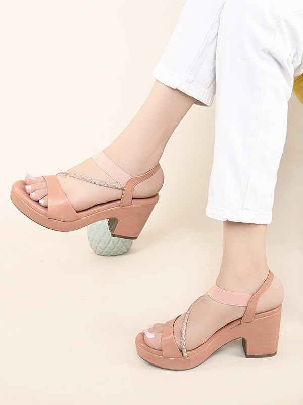 Image of XE Looks Women's Sandals with Stylish Block Heel | Glittery Side Strap & Secure Back Support | Comfort Cushion Sole for Long Wear | Trendy Design Heels For Girls & Women
