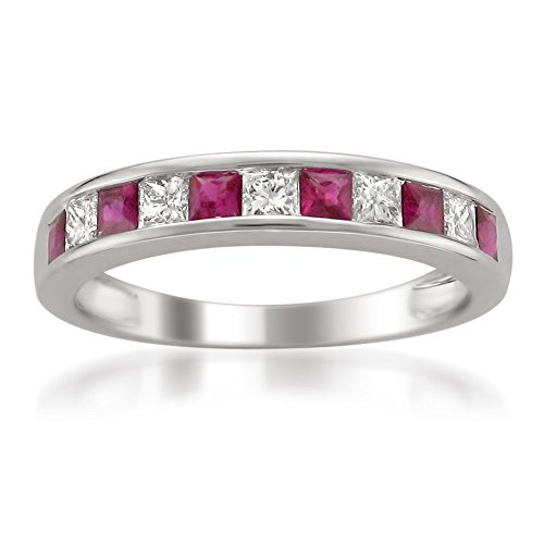 Beyond Brilliance 1 Carat Channel Set Princess Cut Diamond & Red Ruby Wedding Band Ring for Women in 14K White Gold (H-I, I1-I2)