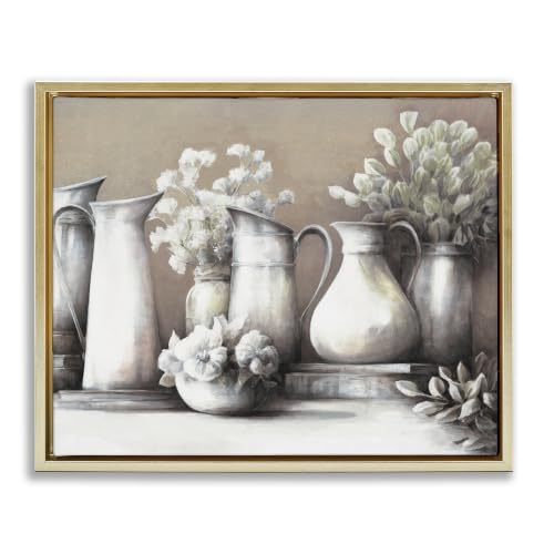 Country Water Jug Floral Still Life, 24 x 30 Inch Canvas in Floater Frame