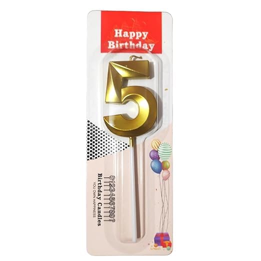 Image of ToyUniverse Number 5 Metallic 3D Gold Candle for Fifth Birthday, Anniversary, Surprise Party Cake Decoration (Pack of 1)