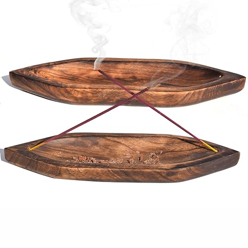 Image of Pure Source India Natural Wood Bote Shape Incense Holder and Ash Catcher (11 X 3 Inch - 2 Pieces)