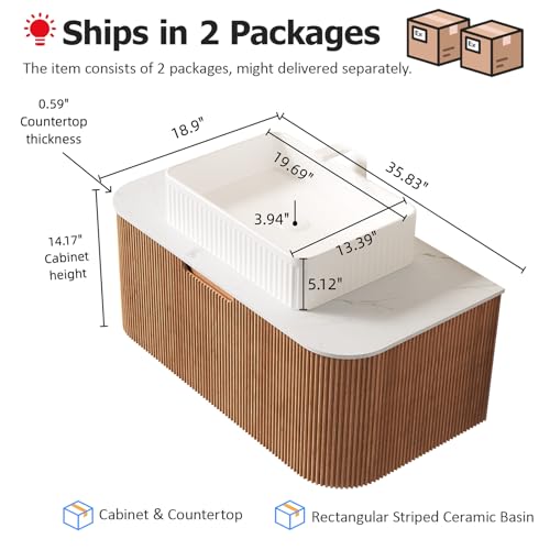 36'' Floating Bathroom Vanity with Sink, Modern Vanities with Rectangular Ceramic Basin and Marble Top, Extra Large Storage Drawer, Soft-Close Design, Pre-Assembled Cabinet, Nature Wood