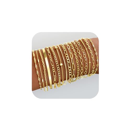 16 PCS Gold Bracelets for Women, Dainty Bracelets Set for Women Trendy, Gold Stackable Cuban Link Paperclip Chain Bracelet Pack Jewelry Gifts for Women ﻿