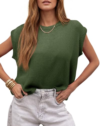 Image of Saodimallsu Womens Summer Cap Sleeve Tops 2026 Waffle Knit Going Out Casual Loose Crew Neck Lightweight Sweater Vest