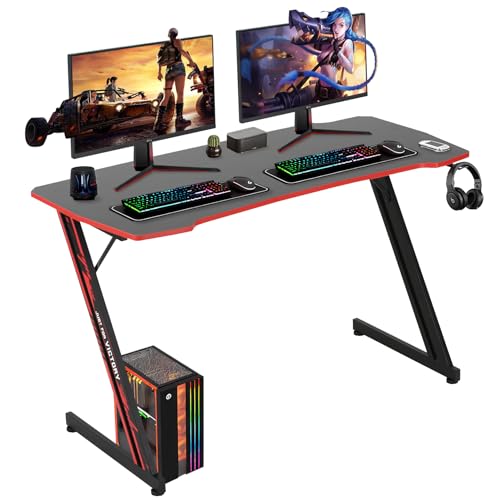BLKMTY 47 Inch Gaming Desk Z-Shaped Computer Desk with Headphone Hook, Modern Gamer Desk Table for Home Office Dorm Sturdy Writing Workstation, Carbon Fiber Black, Red