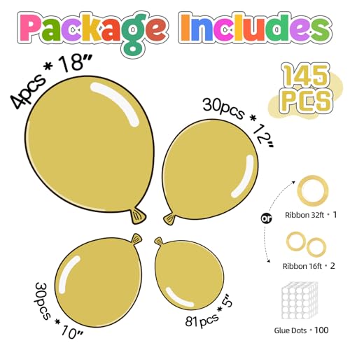 Image of 145pcs Metallic Gold Balloons Arch Kit Different Sizes of 18 12 10 5 Inch Chrome Gold Balloons Arch Kit for Baby Shower Gender Reveal Wedding Birthday Party Decorations