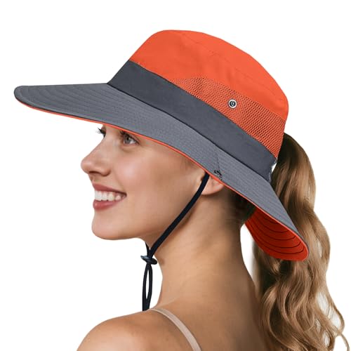 Image of NPQQUAN Ponytail Sun Hats for Women UPF 50+ Wide Visor UV Protection Packable Hat for Beach Hiking Gardening