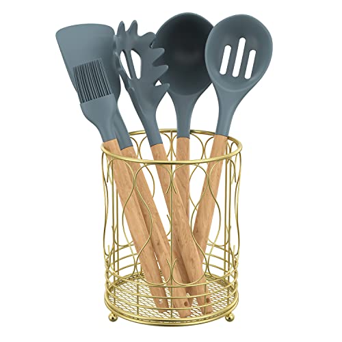 Lxmons Large Round Kitchen Utensil Holder For Countertop, 7" H X 5.5" W Metal Utensil Crocks Organizer Storage Caddy, Kitchen Cooking Tool Spatula Spoon Holder, Gold #TOP10